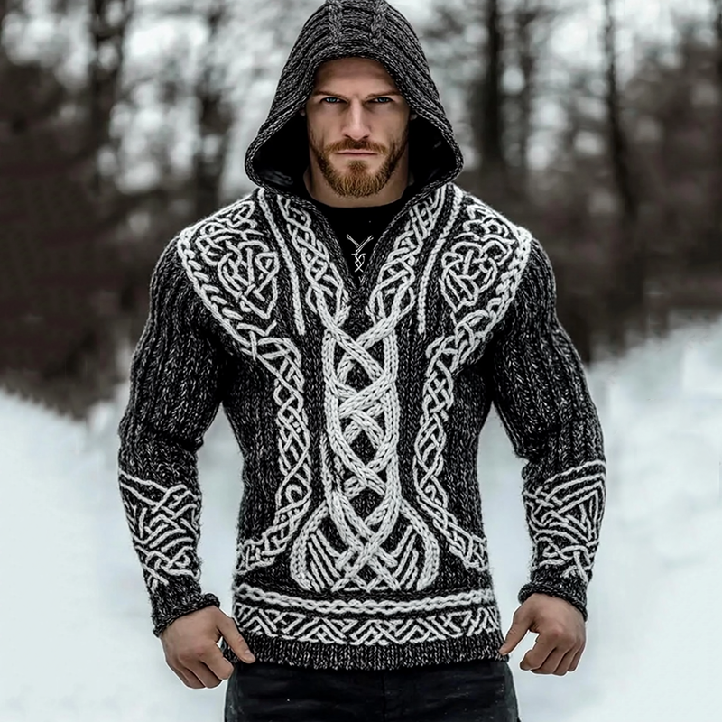 Men's Viking Tribal Jacquard Inspired Celtic Hooded Sweater