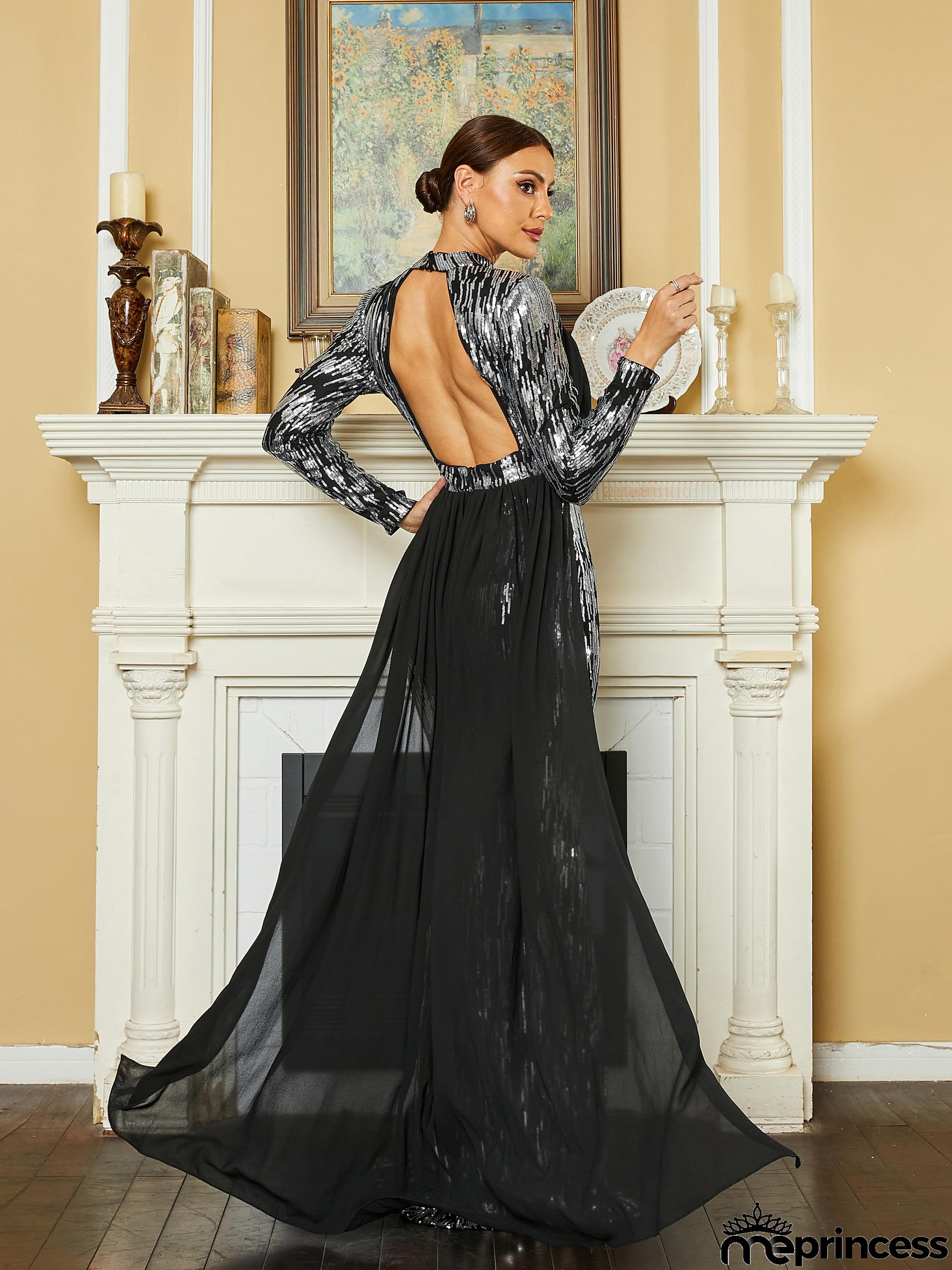 Stand Collar Panel Cutout Sequin Black Prom Dress RH30630