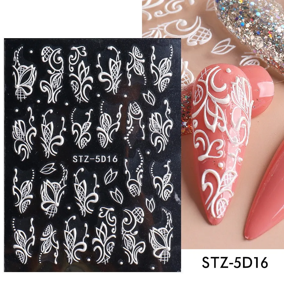 Nail Stickers Embossed 5D Elegant Carved Rose Pattern Designs Back Glue Nail Decals Tips For Beauty Salons-Nail Inspo
