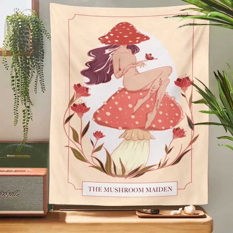 Pink Mushroom girl Tapestry Wall Decor Girls Dorm Room Wall Hanging Aesthetic Room Witchcraft Psychedelic Wall Decoration