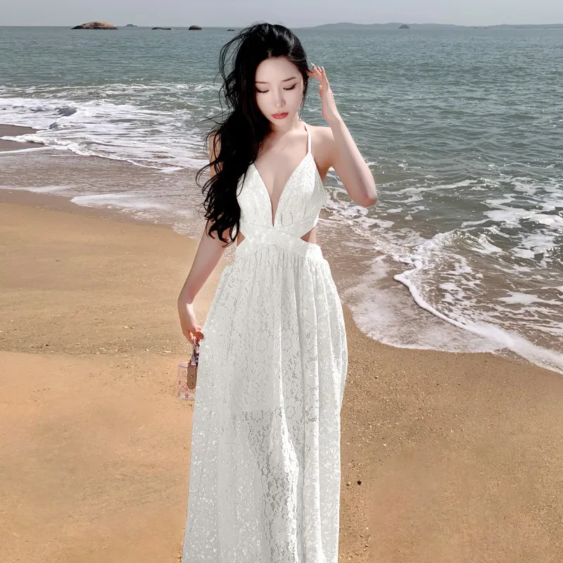 Churchf Churchf First Love Foreign Gas Lace Hollow Out Sexy Big Dew Back Deep Collar Long Money Big Place Dress Sanya Seaside Vacation