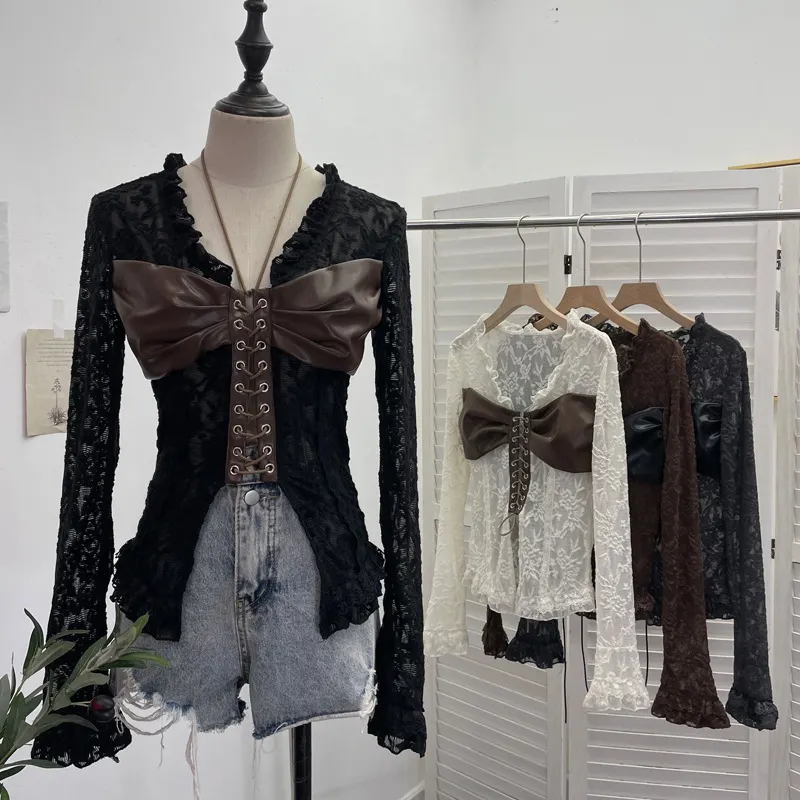 Uveng Real Shooting V Tie With Retro 2024 New Hottie Sexy Lace Splicing Pu Skin Hollow Shirt Top 6108