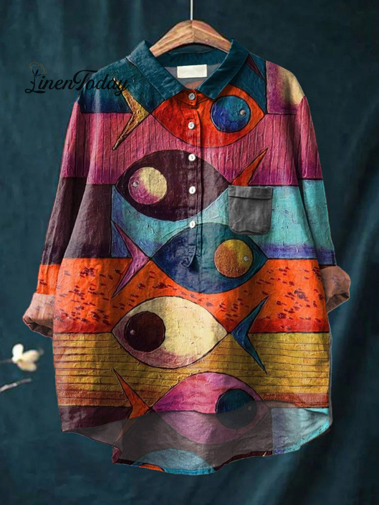 Women&rsquo;s Fish Animals Art Print Casual Cotton And Linen Shirt Multicolor / S