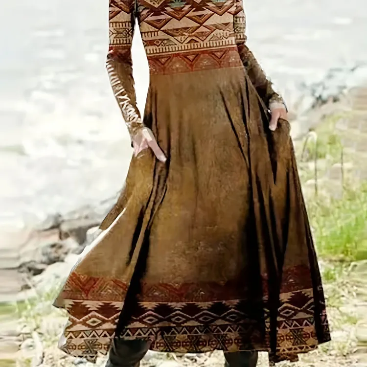Aztec Print Midi Dress, Vintage Crew Neck Long Sleeve Dress, Women's Clothing