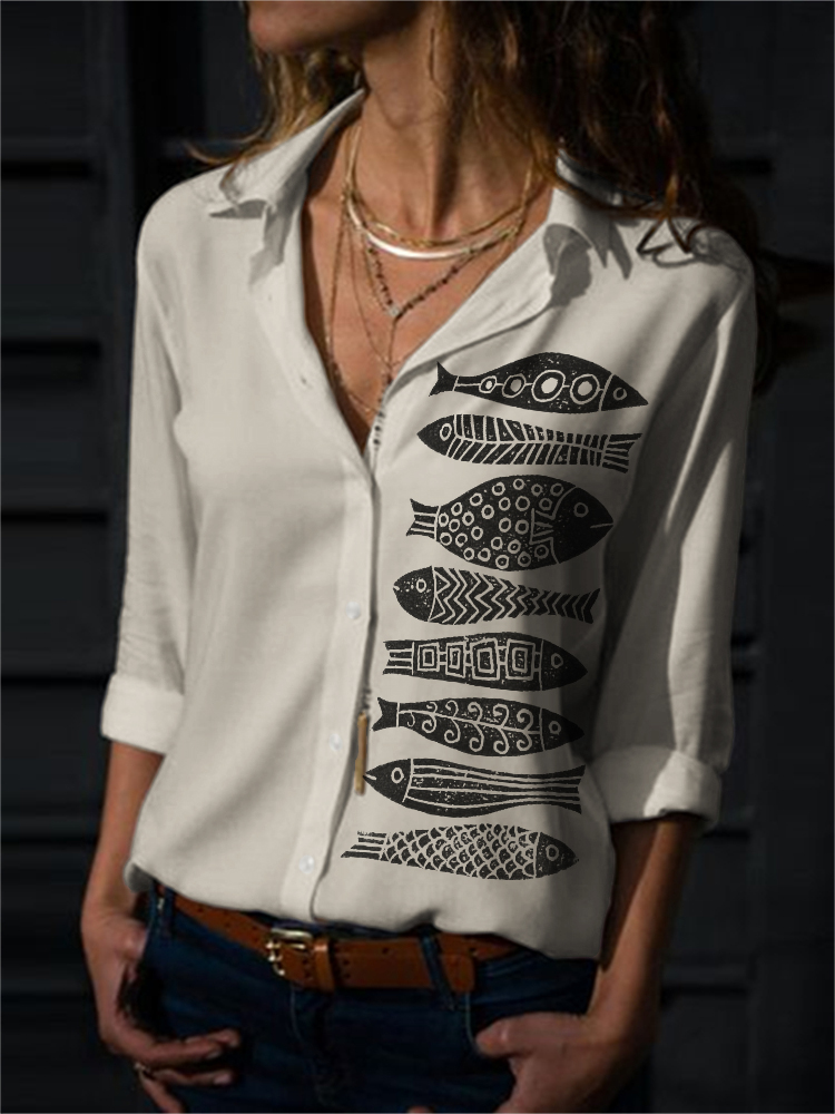 Fish Japanese Lino Art Flowy Blouse elevenforest