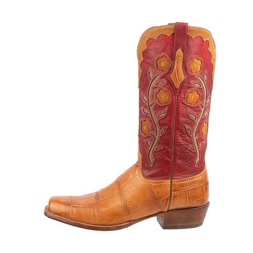 Tan & Red Square Toe Floral Inlay Mid-Calf Western Boots for Women