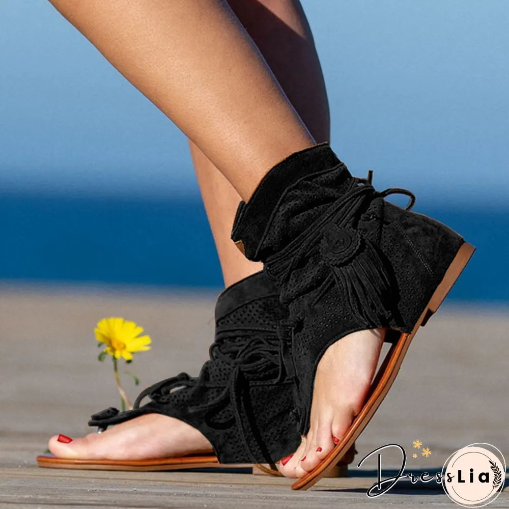Retro Women Fringe Flower Wedges Shoes Solid Flock Beach Casual Sandals Women Summer Flip Flop Sandals