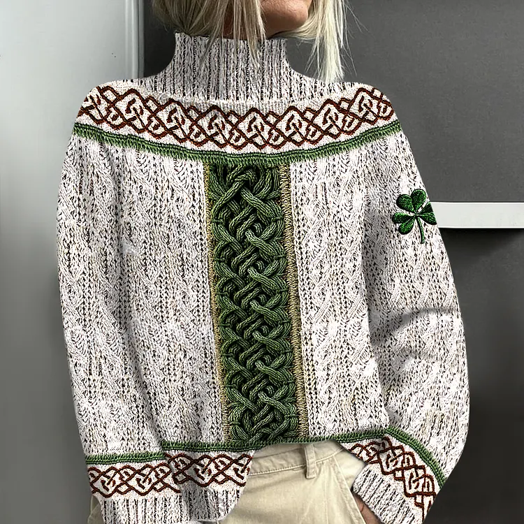 Women's Irish Celtic Knot Shamrock Contrast Jacquard Turtleneck Sweater
