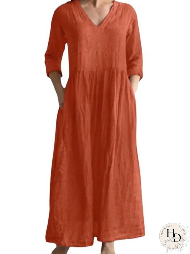 Casual Dress Cotton Linen Dress Maxi long Dress Cotton Blend Fashion Modern Outdoor Daily Vacation V Neck Ruched 3/4 Length Sleeve Summer Spring Fall Regular Fit Royal Blue Orange Green for Women
