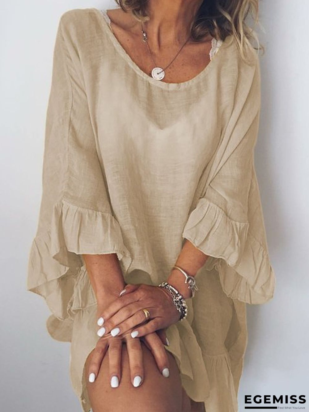 Cotton Solid Color Dress Stitching Lotus Leaf Sleeve Loose Beach Blouse | EGEMISS