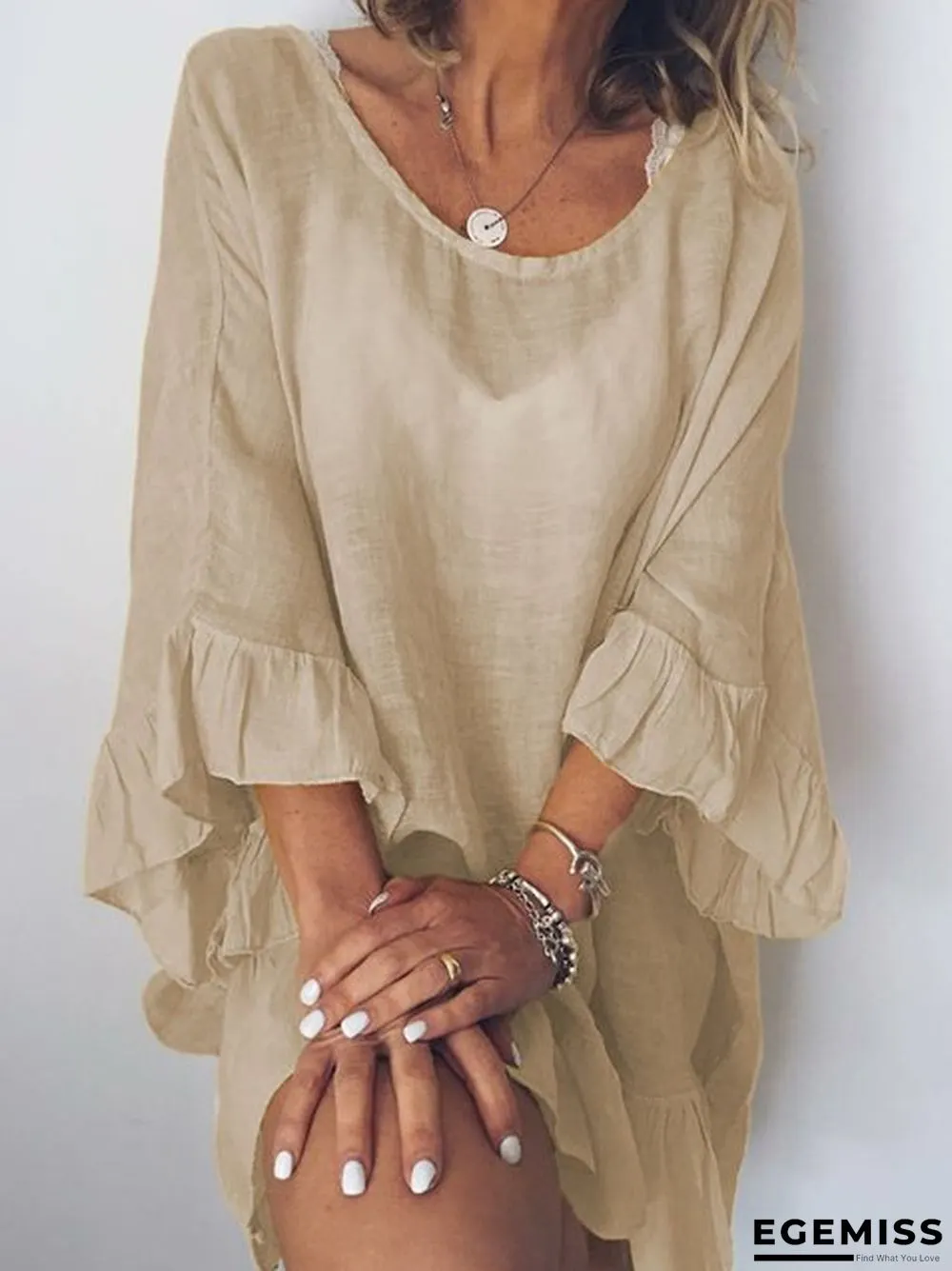Cotton Solid Color Dress Stitching Lotus Leaf Sleeve Loose Beach Blouse | EGEMISS