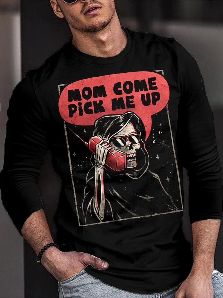 Men's Skull Death Scythe Halloween Mom Come Pike Me Trend Casual Print Long Sleeve T-Shirt