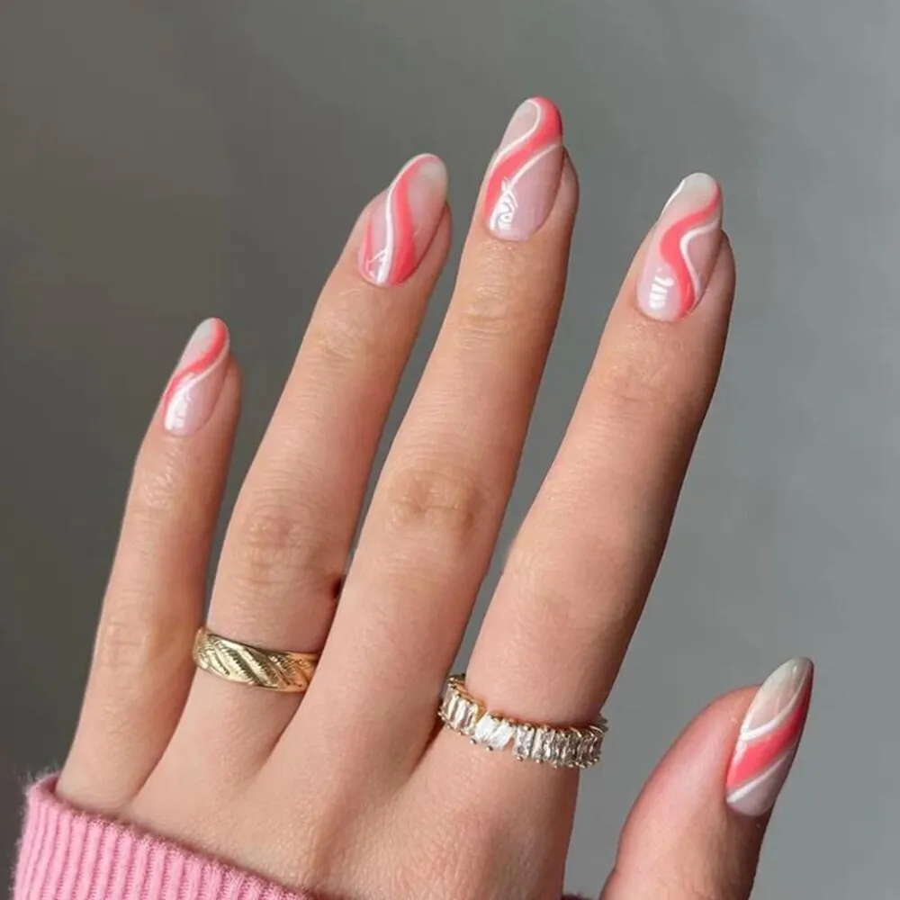 Detachable Almond Round Wavy False Nails Detachable Stiletto Fake Nails Full Cover French Ballerina Nail Tips Press On Nails-Nail Inspo