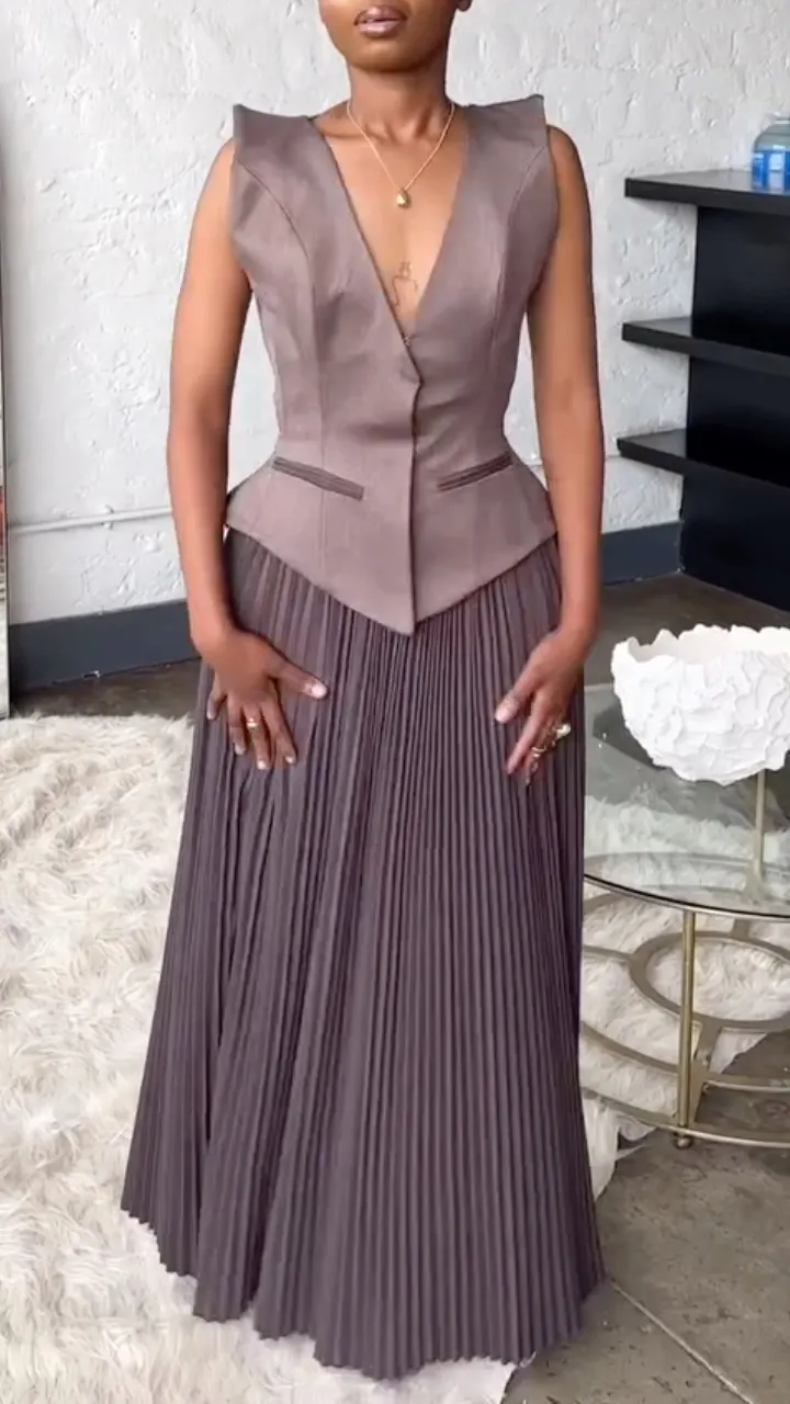 Women's V-Neck Vest-Style Spliced ​​Pleated Dress