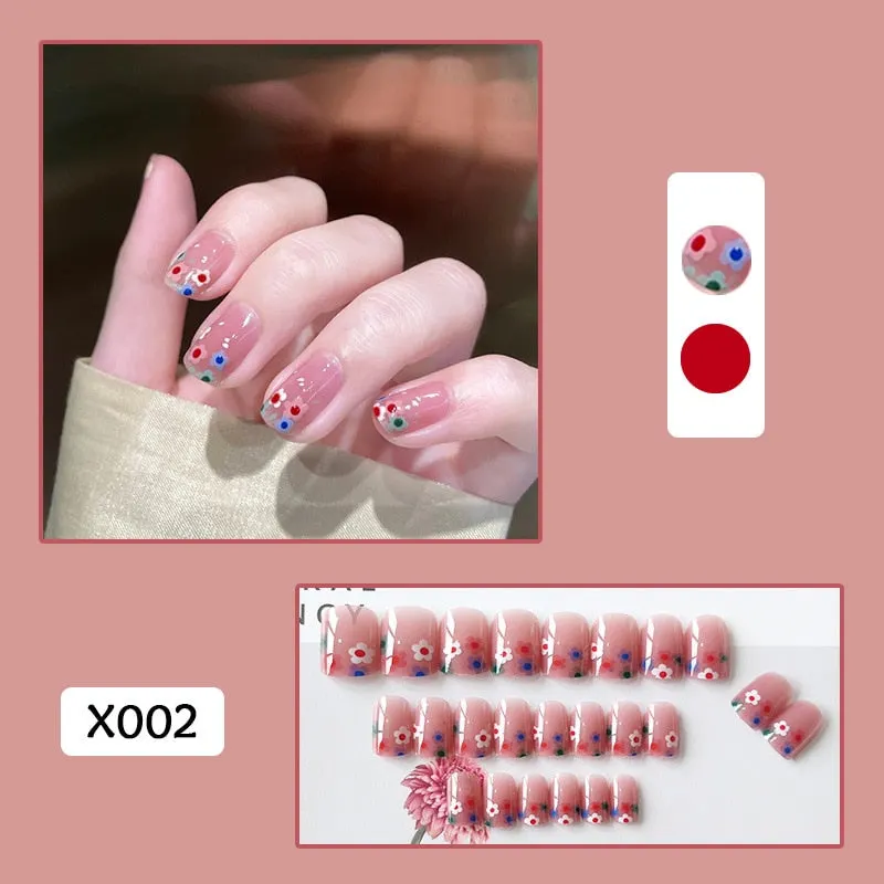 24pcs/box Fake Nails With Glue Yellow Flower Printed Type Short Paragraph Fashion Manicure Press On False Nails Gifts For Girls-Nail Inspo