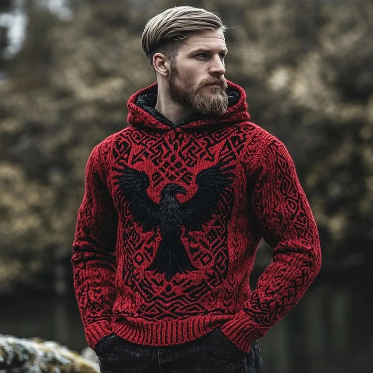 Men's Viking Raven Inspired Jacquard Retro Hooded Sweater