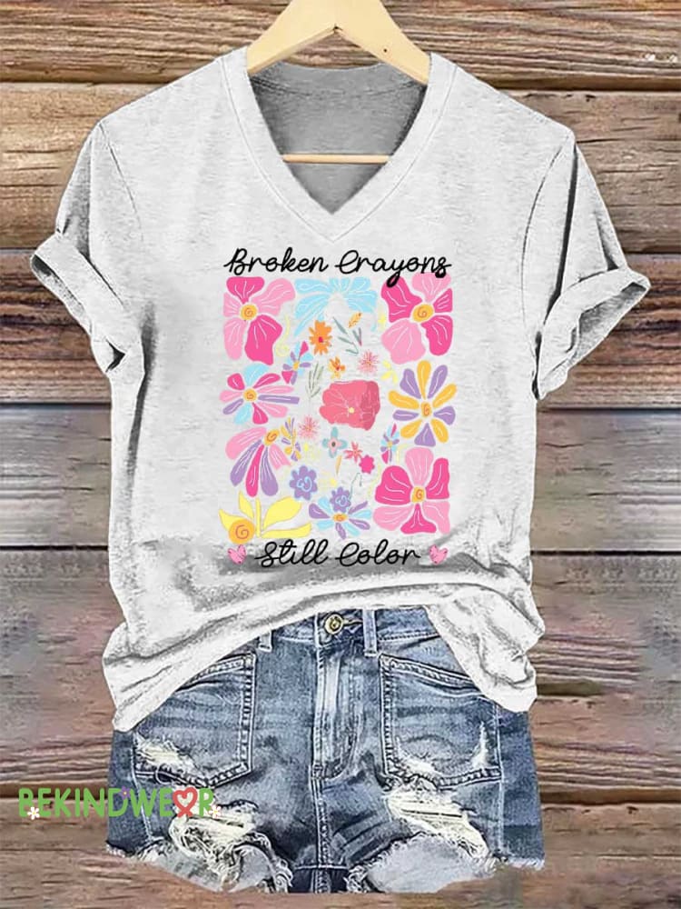 Women&rsquo;s Broken Crayons Still Color Floral V-neck Casual T-Shirt White / S