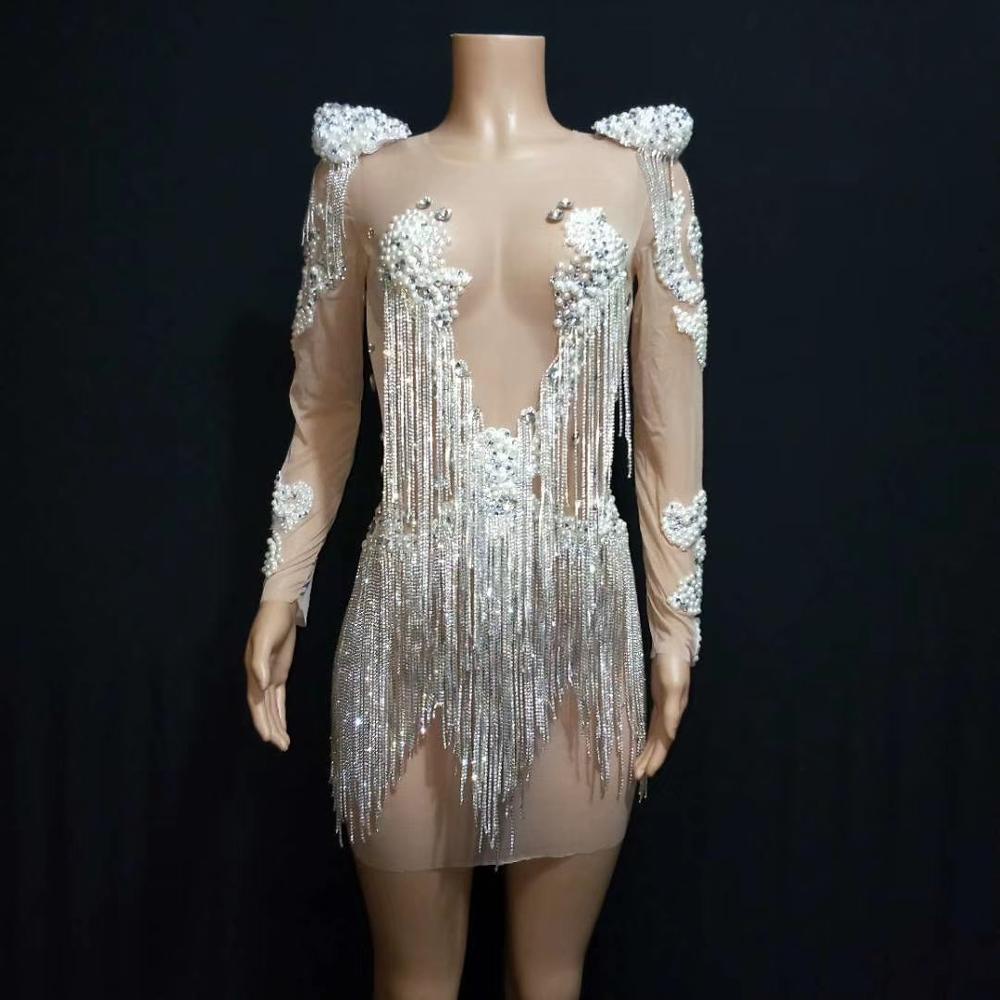 GOOSHOE Pearls Sequins Tassel See Through Dress Mesh Rhinestones Party Dress Women Sheath Dress DJ Stage Outfits