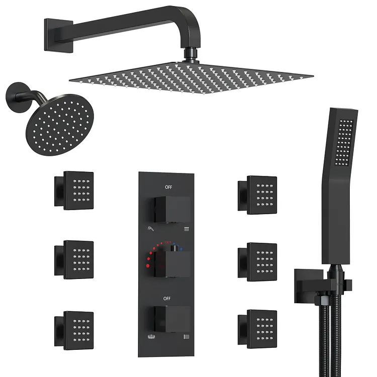 EVERSTEIN 12" Thermostatic Shower System with Handheld & 6 Body Jets, Matte Black