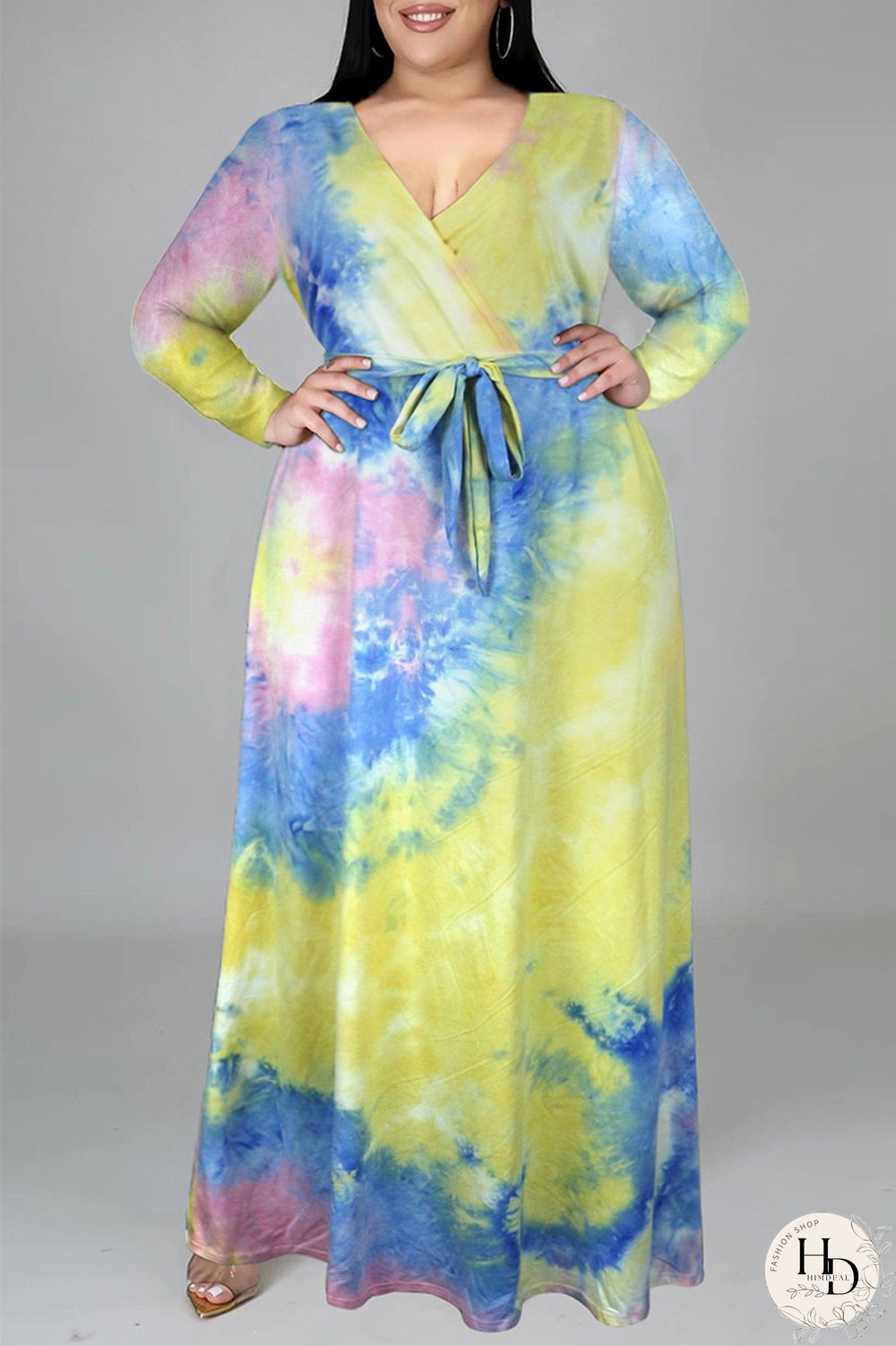Colour Fashion Casual Print Tie-dye V Neck Long Sleeve Plus Size Dress