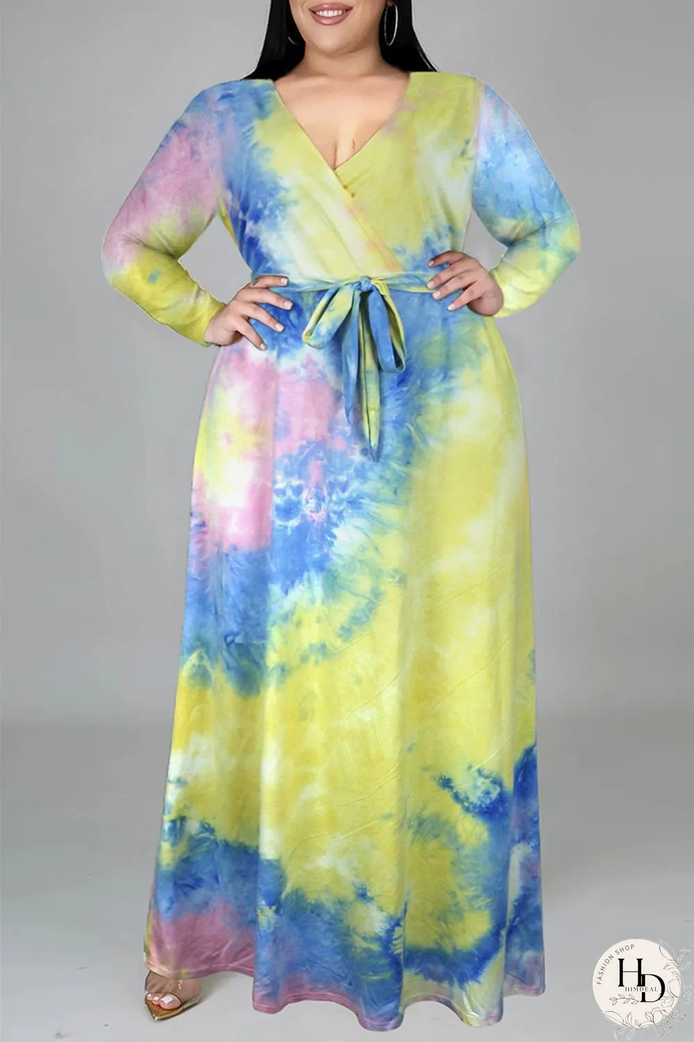 Colour Fashion Casual Print Tie-dye V Neck Long Sleeve Plus Size Dress
