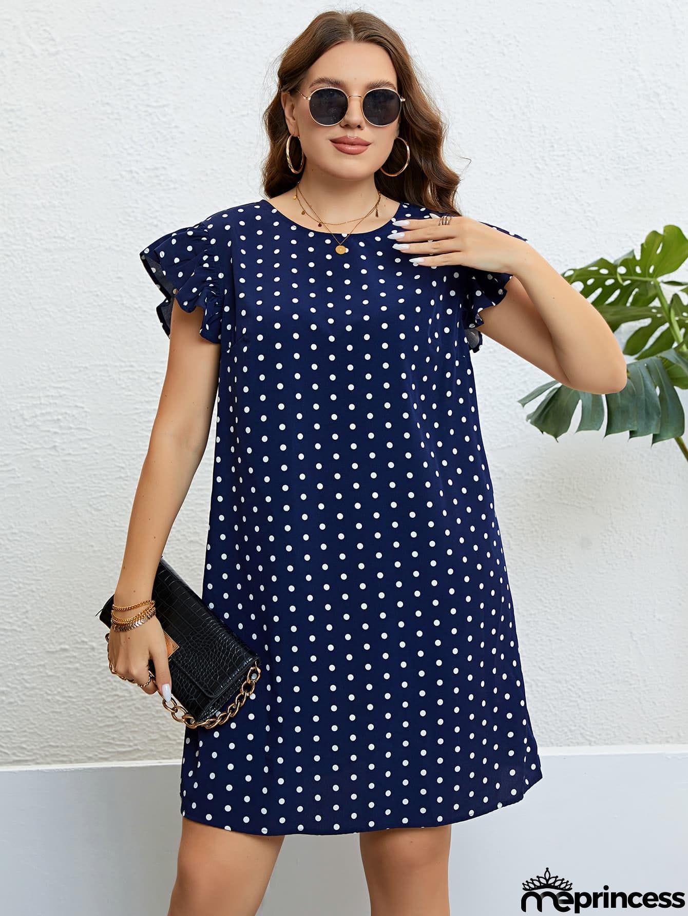 Plus Size Polka Dot Round Neck Dress