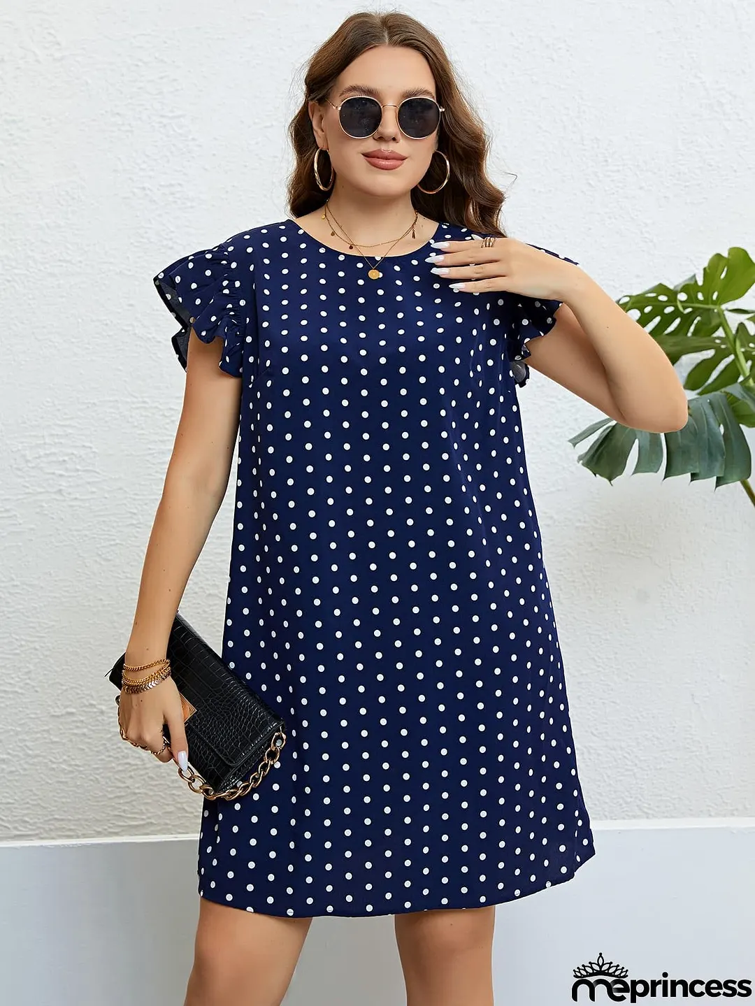 Plus Size Polka Dot Round Neck Dress
