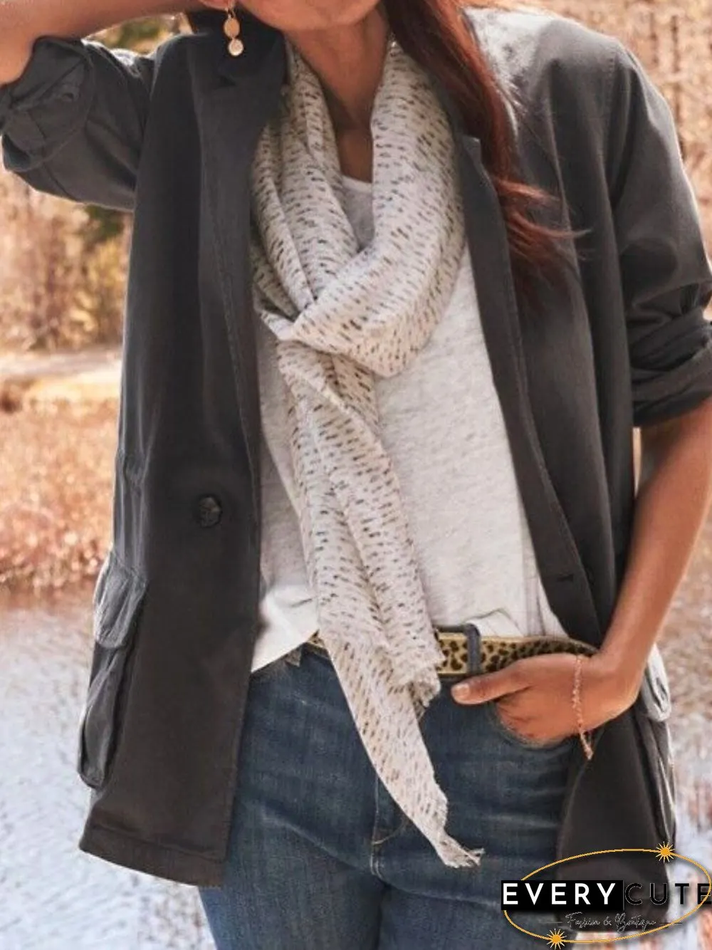 Women Casual Plain Autumn Micro-Elasticity Daily Standard H-Line Regular Regular Size Jacket