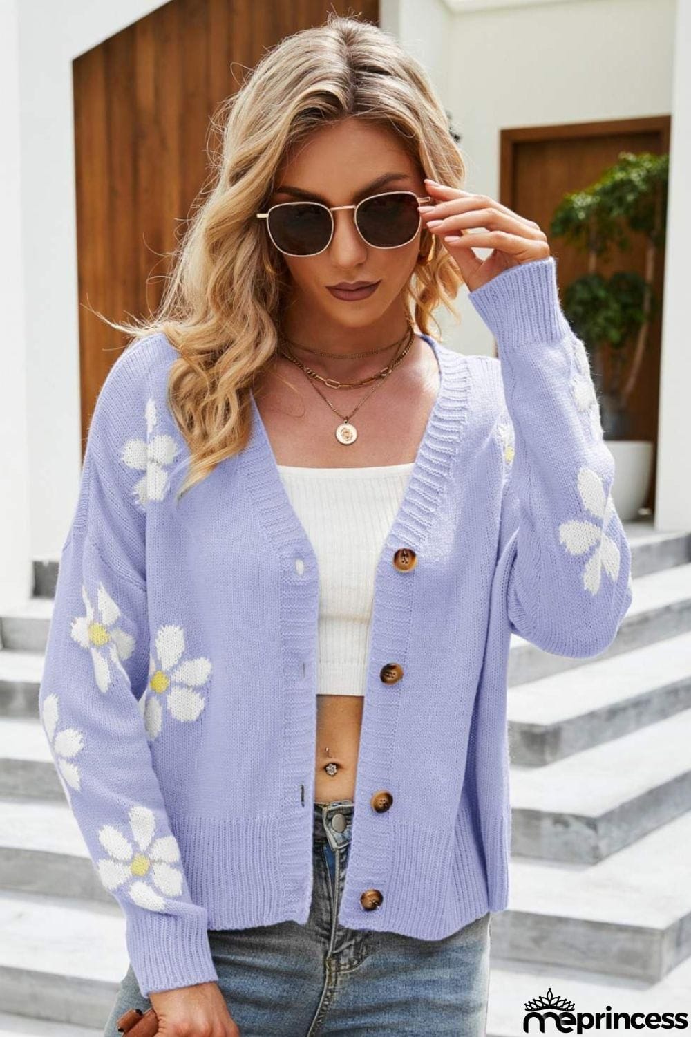 Floral Ribbed Trim Drop Shoulder Cardigan