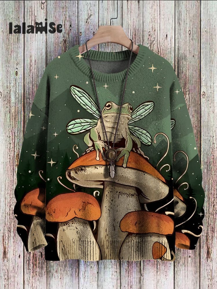 Vintage Mushroom Frog Fun Art Print Casual Pullover Knitted Sweater Green / S
