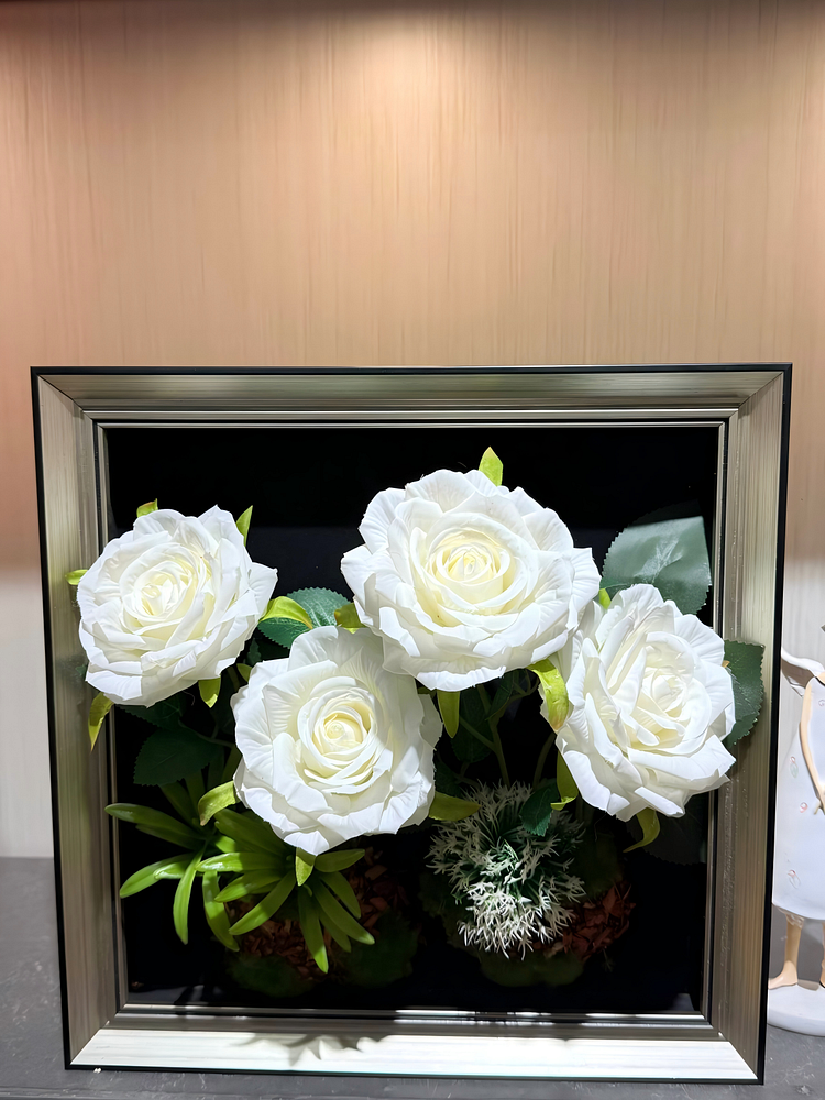  Artificial White Rose Arrangement in Silver Framed Decor Display（Size:12 in*12 in）
