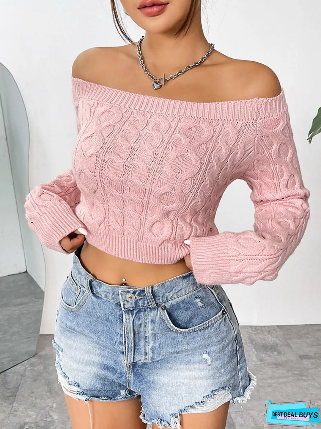Cable-Knit Off-Shoulder Long Sleeve Knit Top
