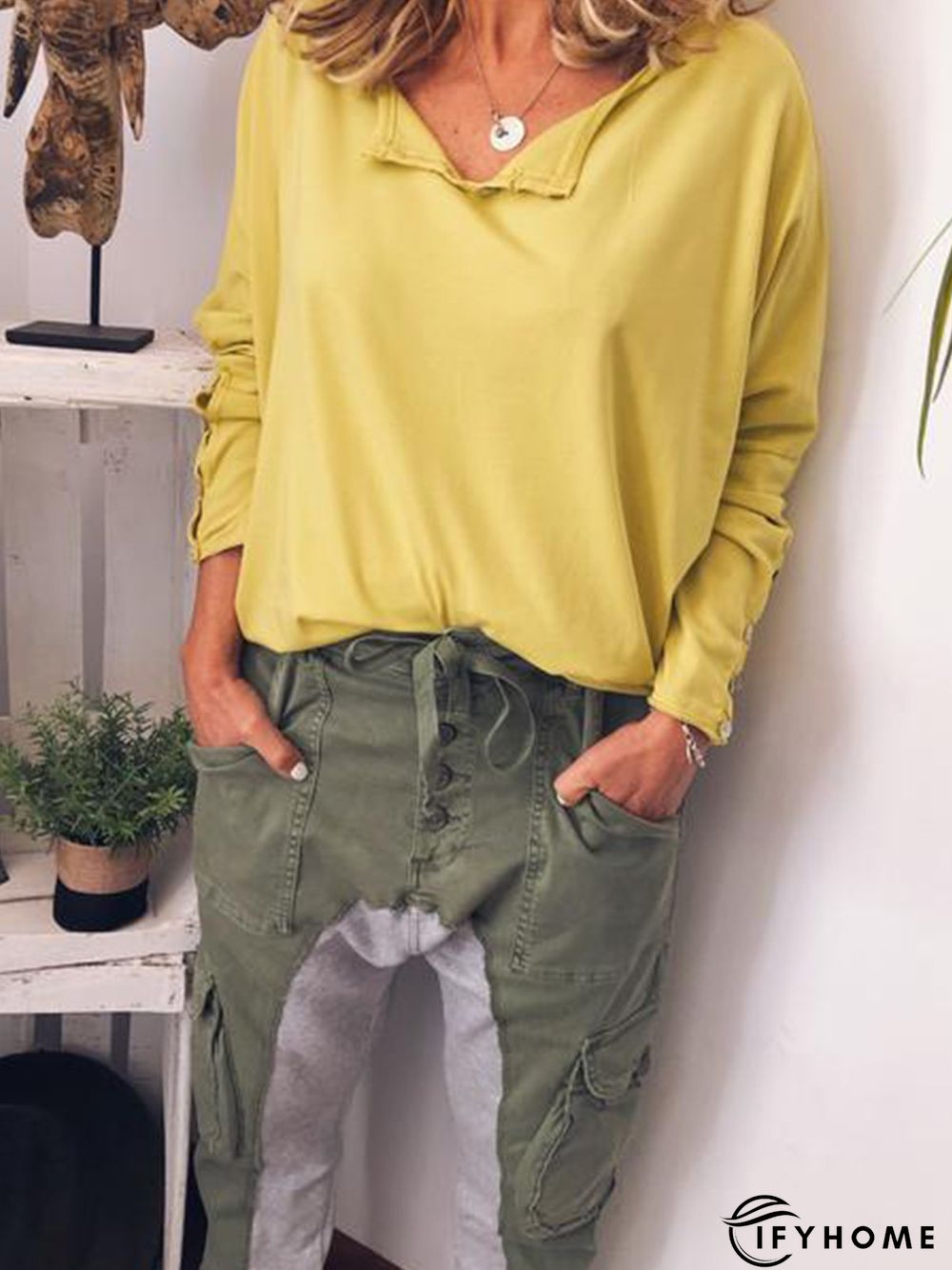 Casual Cotton V Neck Long Sleeve T-Shirt | IFYHOME