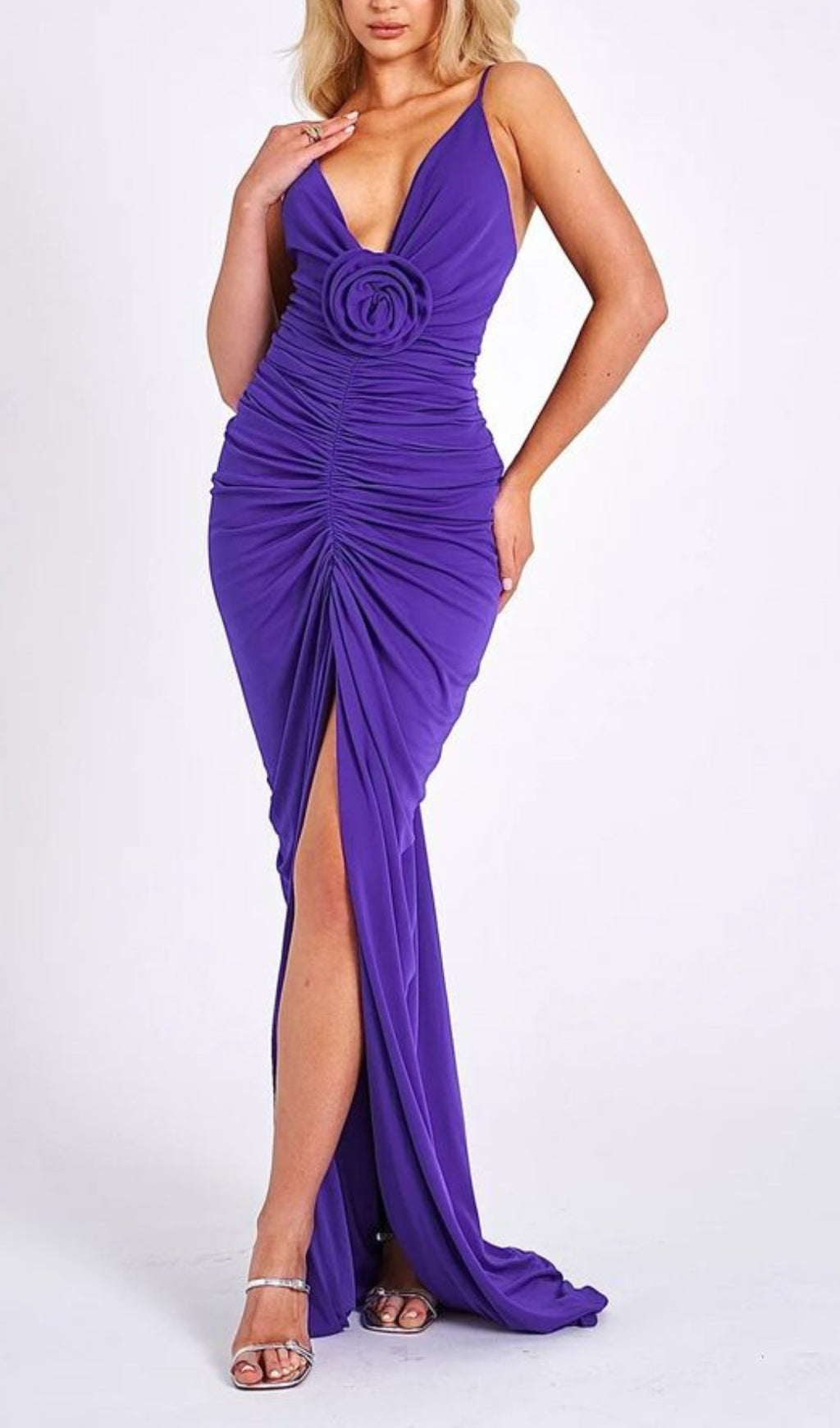 Flower-Embellished Plunge Maxi Dress In Amethyst Flowering Girl