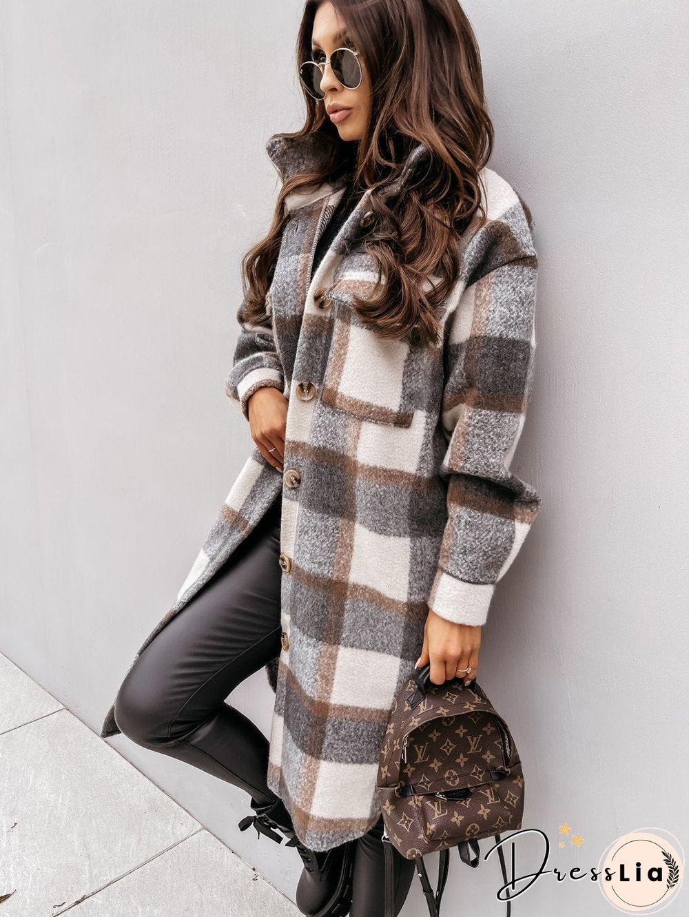 Autumn Winter Long Sleeve Plaid Print Coat