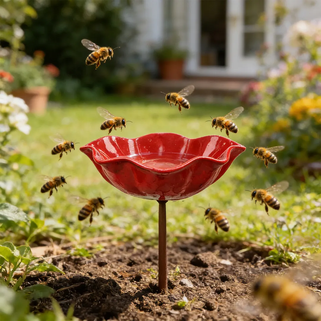 Bee Watering Station with Flower Design Bee Bath for Garden Decorative Metal Flower Garden Stake for Outdoor Yard Patio Decoration