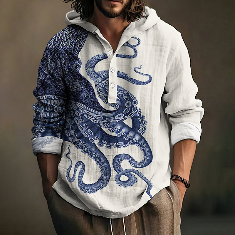 Japanese Art Octopus Graphic Printed Linen Blend Hoodie  artssus