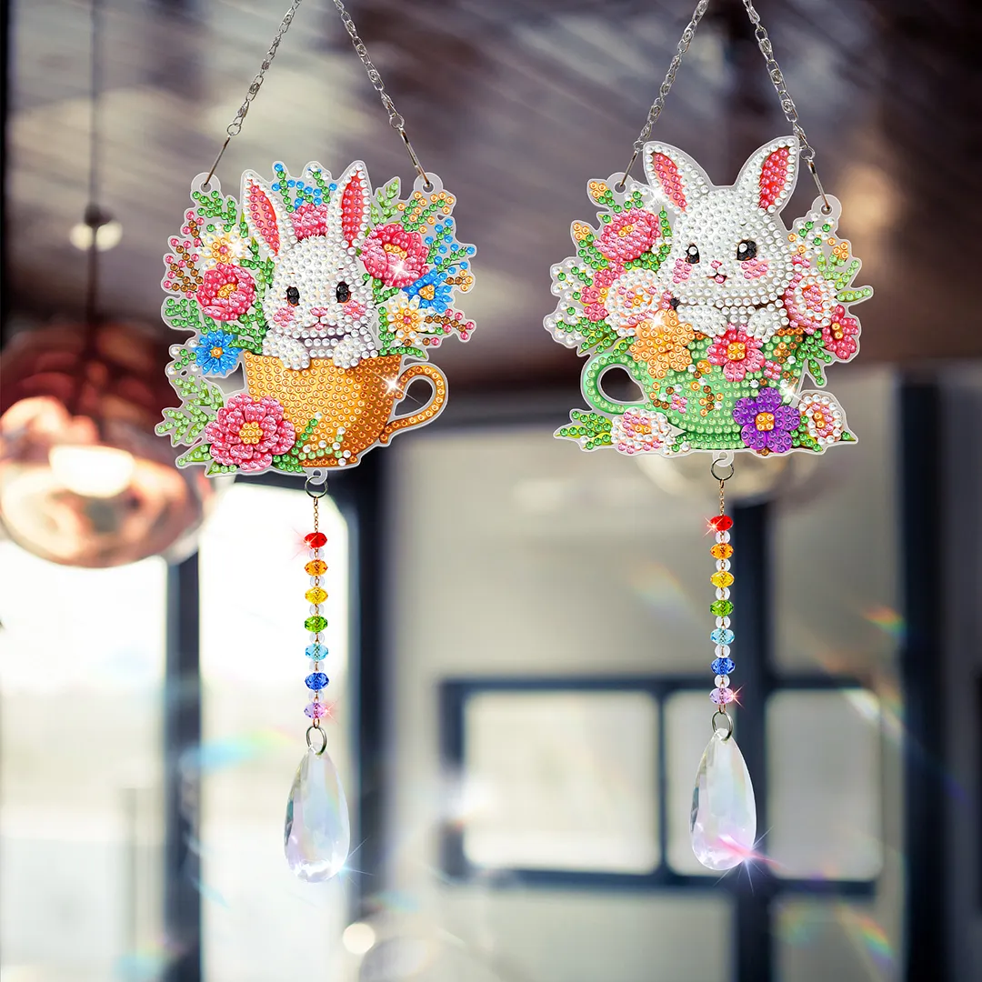 2Pcs Teacup Rabbit DIY Double-Sided Diamond Painting Hanging Kits Diamond Painting Suncatcher Craft Kit for Home Garden Wall Decor Gift