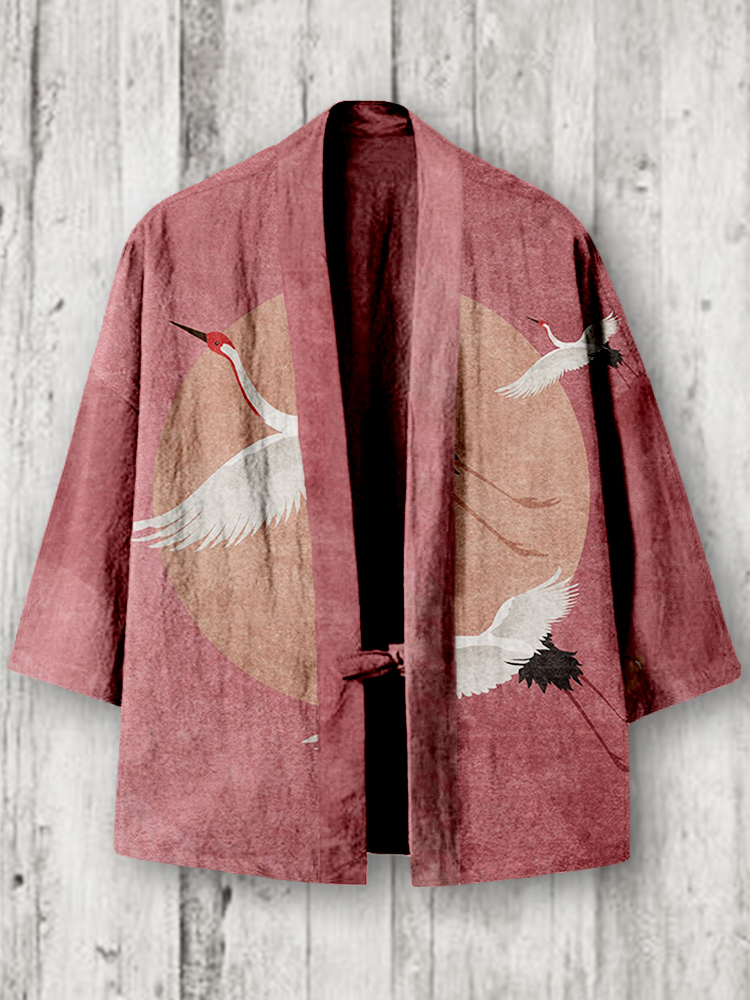 Flying Cranes Japanese Art Linen Blend Kimono Cardigan  artssus