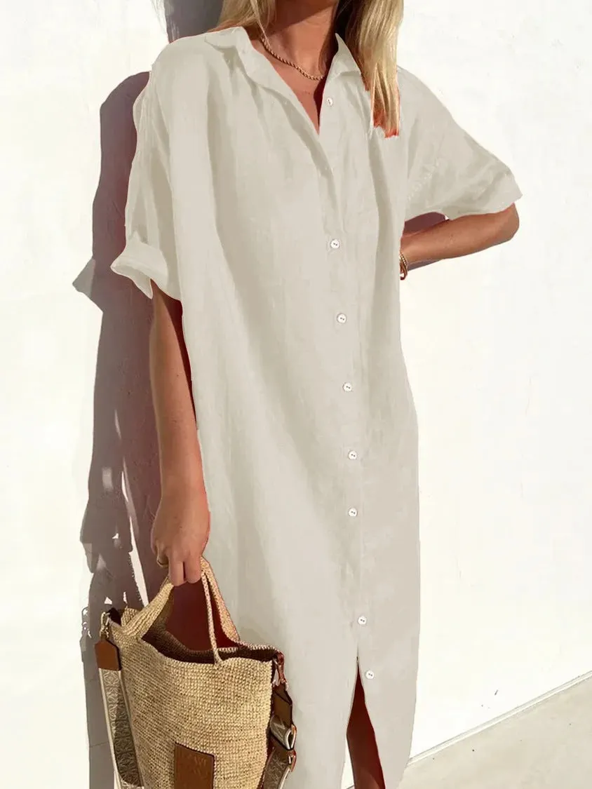 Brownm Casual Loose Sleeves Button Dress Cotton And Dresses