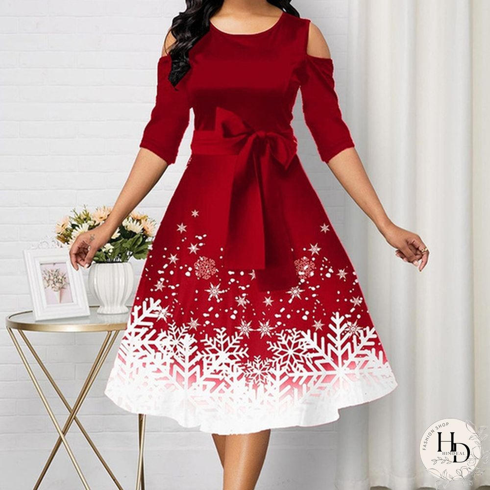 New Arrival Women Belted Snowflake Print Cold Shoulder Round Neck Elegant Dress Plus Size Fashion Christmas Party Dress S-5Xl