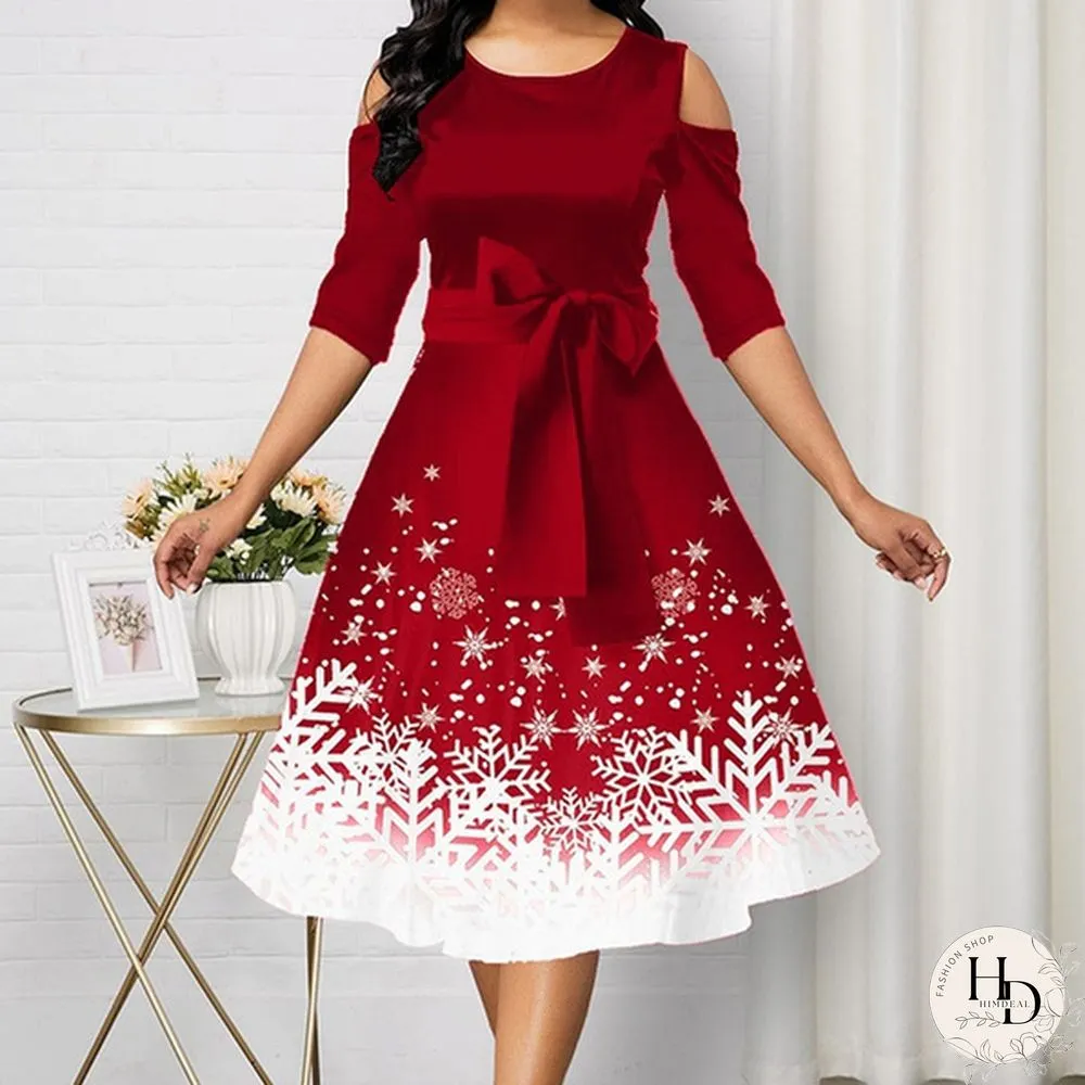 New Arrival Women Belted Snowflake Print Cold Shoulder Round Neck Elegant Dress Plus Size Fashion Christmas Party Dress S-5Xl