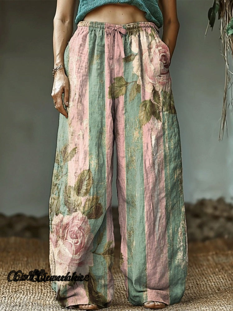 Women&rsquo;s Vintage Flower Print Casual Long Sleeve Comfortable Cotton Shirt Pants / S
