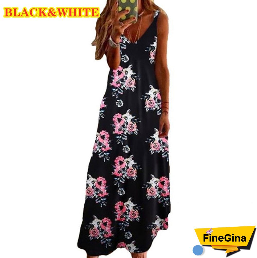 S-8XL Plus Size Vrouwen Maxi Jurk Zomer Casual Sexy Boho Gedrukt Lange Jurk Mouwloze V-hals Kleding Jurk Losse Vestido