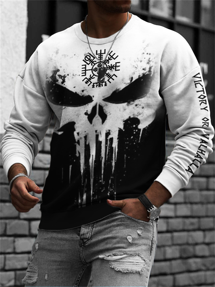 Men's Victory Or Valhalla Vikng Vegvisir Skull Contrast Sweatshirt