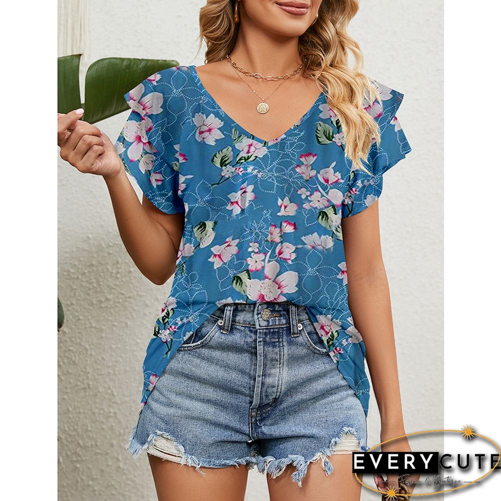 Light Blue Floral Print V Neck Ruffle Sleeve Tops