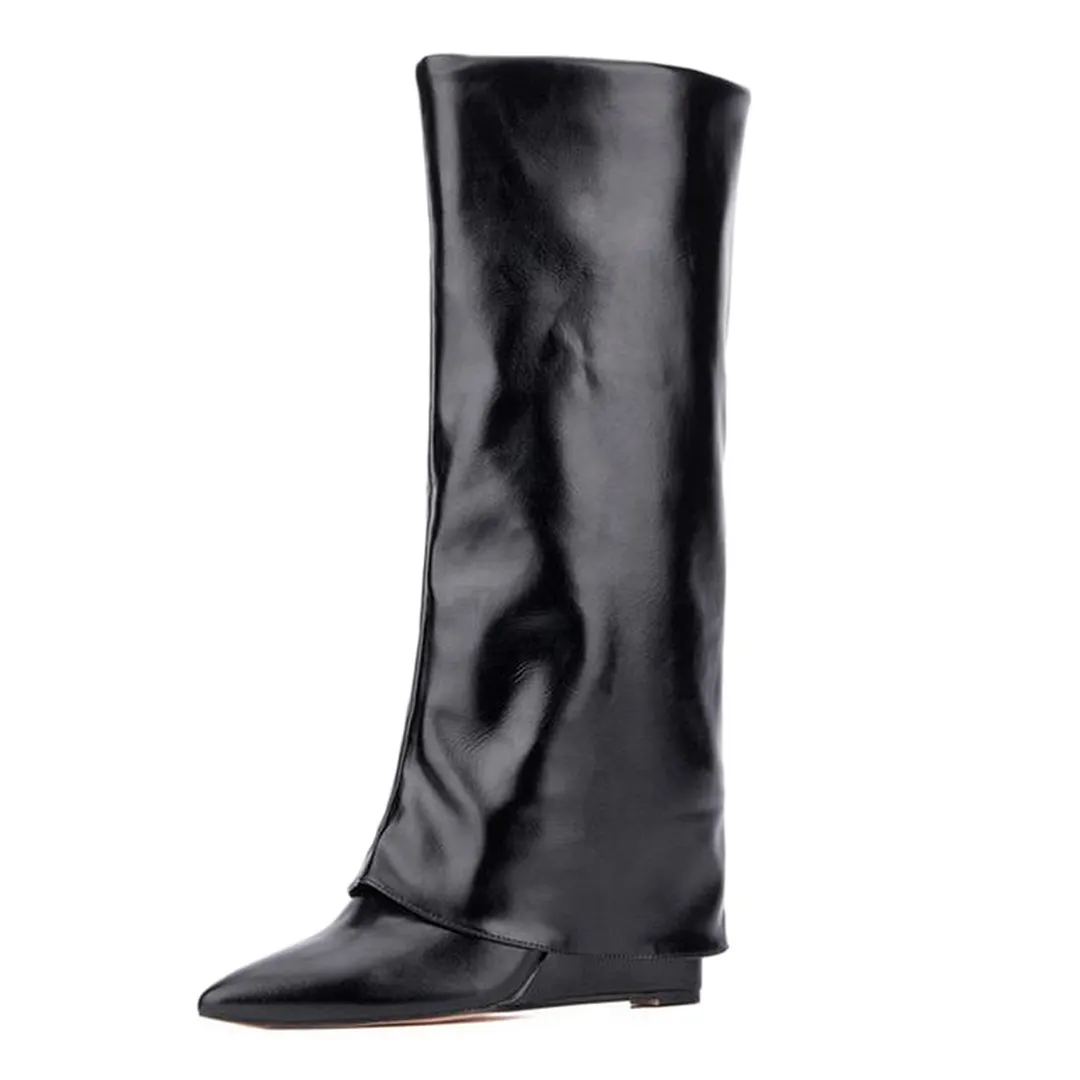 Ladies Vegan Leather Pointed Fold-Over Wedge Heel Boots in Black