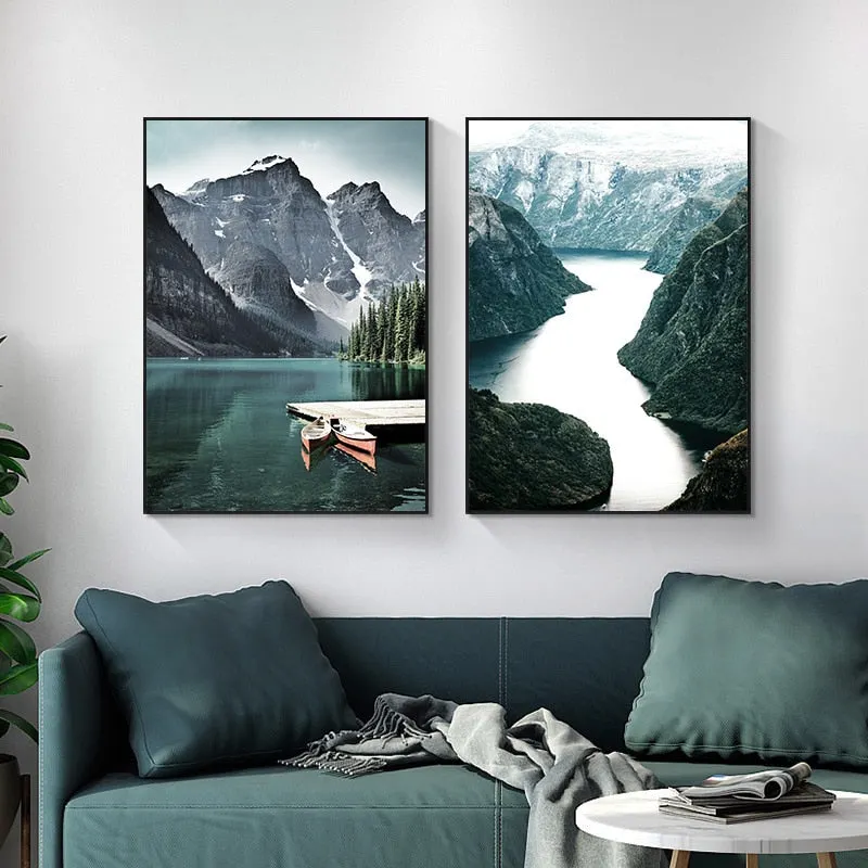 Scandinavian Travel Landscape Canvas Painting Mountain Boat Grass Nordic Poster Print Wall Art Picture Modern Living Room Decor