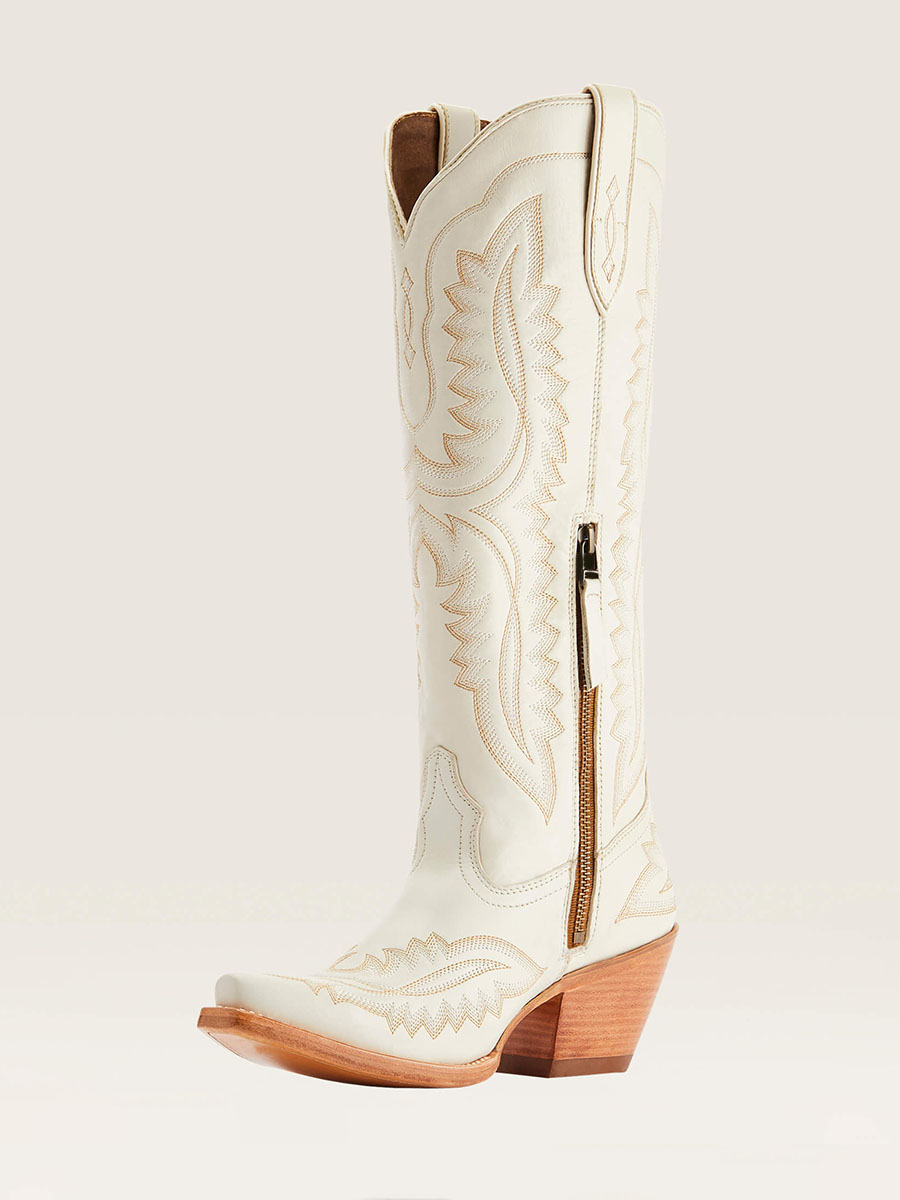 Ivory Snip Toe Knee Embroidered Knee High Cowgirl Boots with Chunky Heels