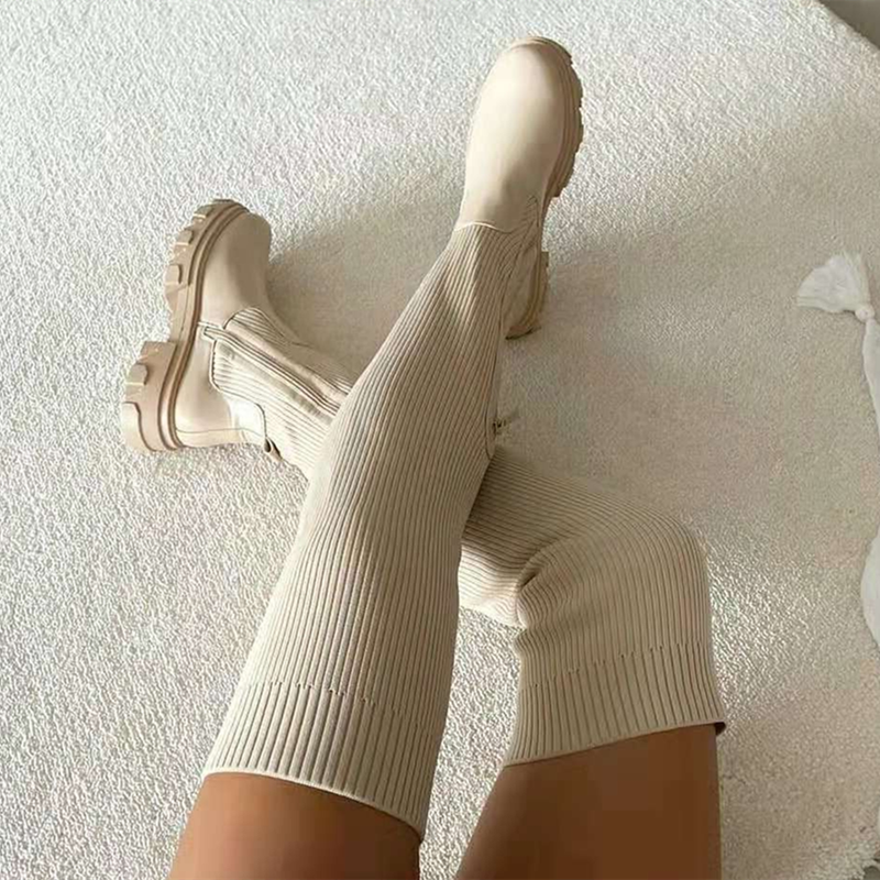 2022 Flats Shoes Thick Sole Boots Autumn Winter Breathable Knitting Upper Women Thigh High Boots Stretch Round Toe Black Boots